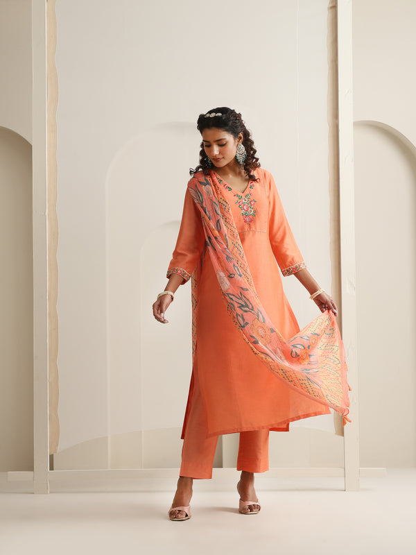 Khushal K Women Pure Silk orange Embroidered Kurta & Palazzo With Dupatta