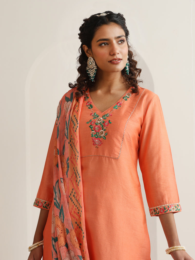 Khushal K Women Pure Silk orange Embroidered Kurta & Palazzo With Dupatta