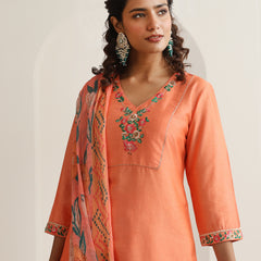 Khushal K Women Pure Silk orange Embroidered Kurta & Palazzo With Dupatta