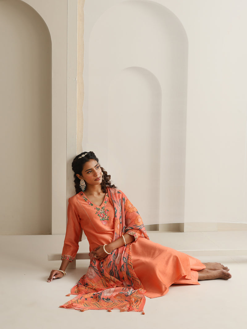 Khushal K Women Pure Silk orange Embroidered Kurta & Palazzo With Dupatta