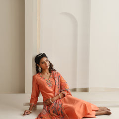 Khushal K Women Pure Silk orange Embroidered Kurta & Palazzo With Dupatta