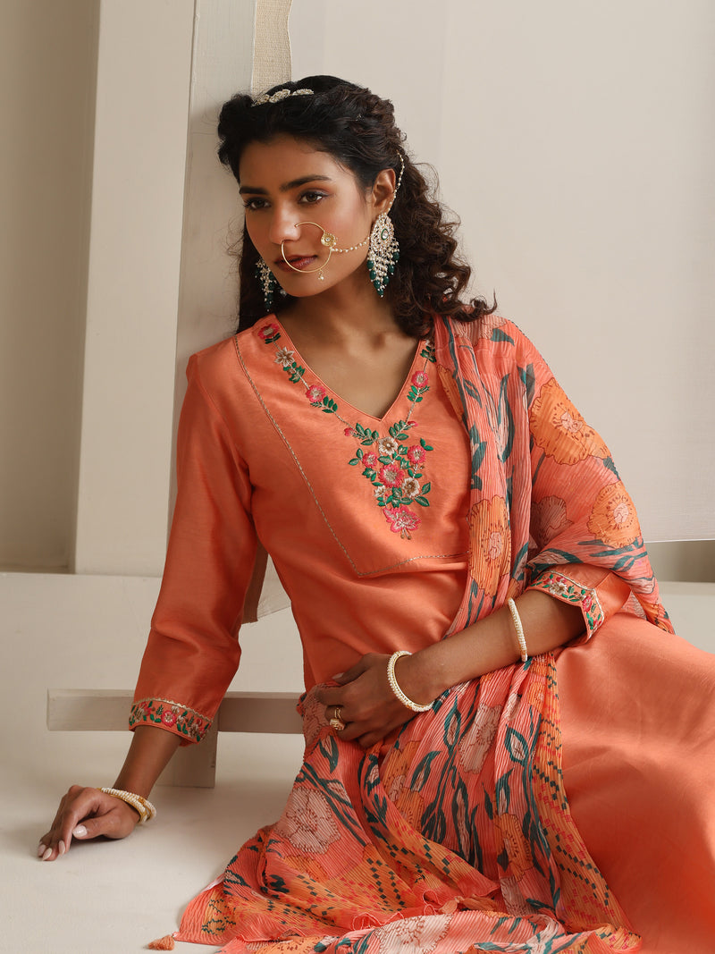 Khushal K Women Pure Silk orange Embroidered Kurta & Palazzo With Dupatta