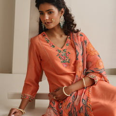 Khushal K Women Pure Silk orange Embroidered Kurta & Palazzo With Dupatta