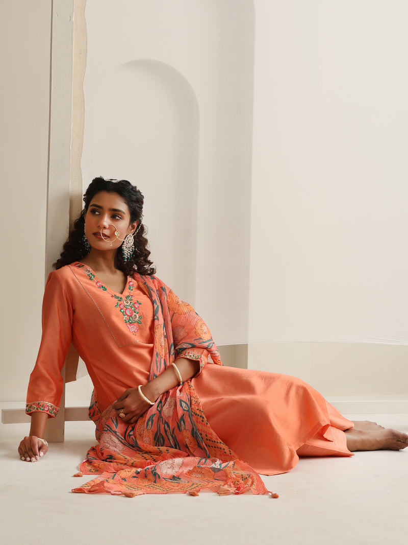 Khushal K Women Pure Silk orange Embroidered Kurta & Palazzo With Dupatta