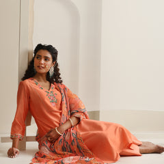 Khushal K Women Pure Silk orange Embroidered Kurta & Palazzo With Dupatta