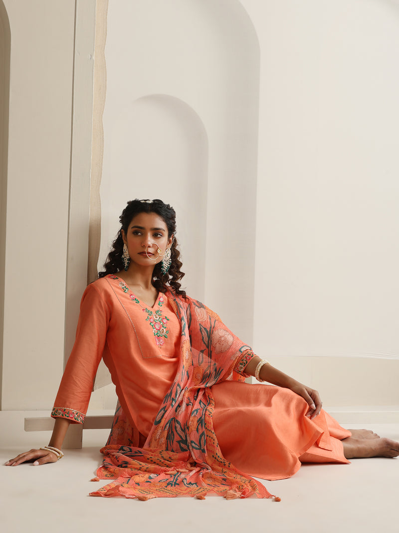 Khushal K Women Pure Silk orange Embroidered Kurta & Palazzo With Dupatta