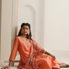 Khushal K Women Pure Silk orange Embroidered Kurta & Palazzo With Dupatta