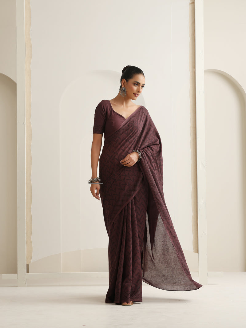 Women Hand Block Brown Pure Cotton Printed Saree