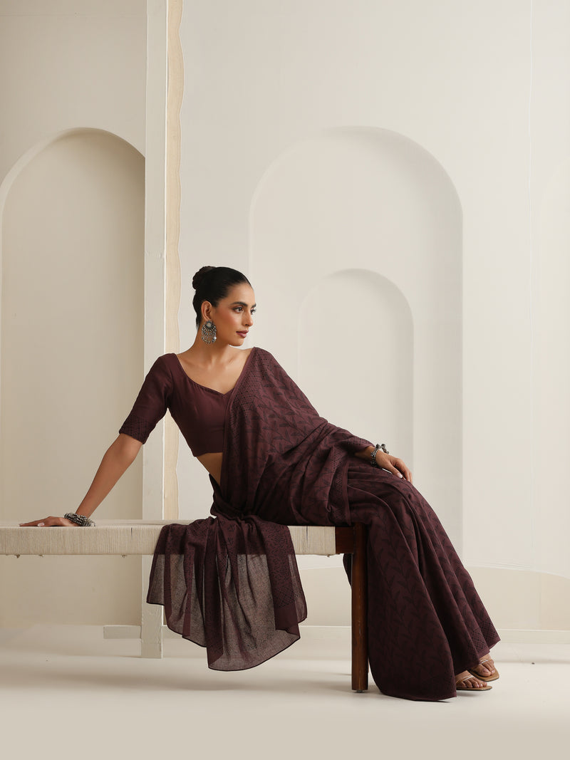 Women Hand Block Brown Pure Cotton Printed Saree