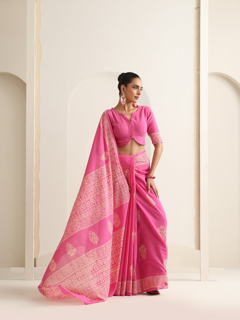 Women Hand Block Pink Pure Cotton Printed Saree