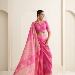Women Hand Block Pink Pure Cotton Printed Saree