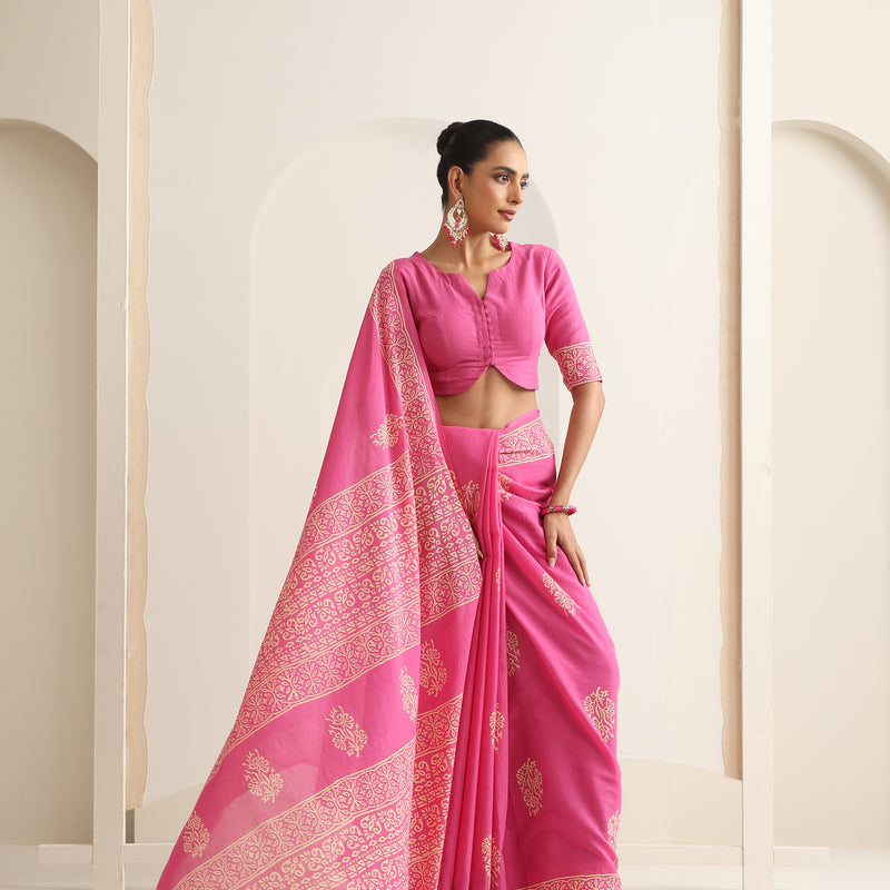 Women Hand Block Pink Pure Cotton Printed Saree - Khushal K - Image 7