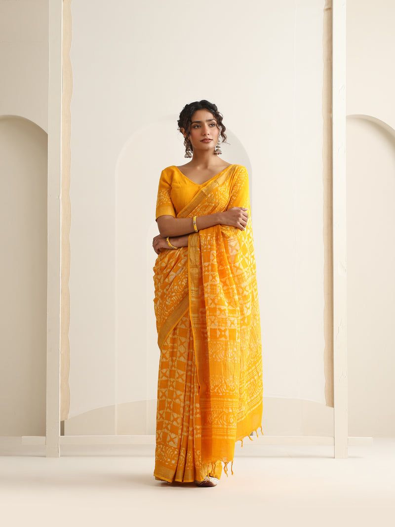 Women Hand Block Yellow Cotton Linen Printed Saree