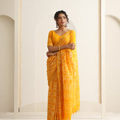 Women Hand Block Yellow Cotton Linen Printed Saree