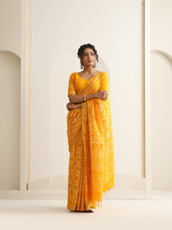 Women Hand Block Yellow Cotton Linen Printed Saree
