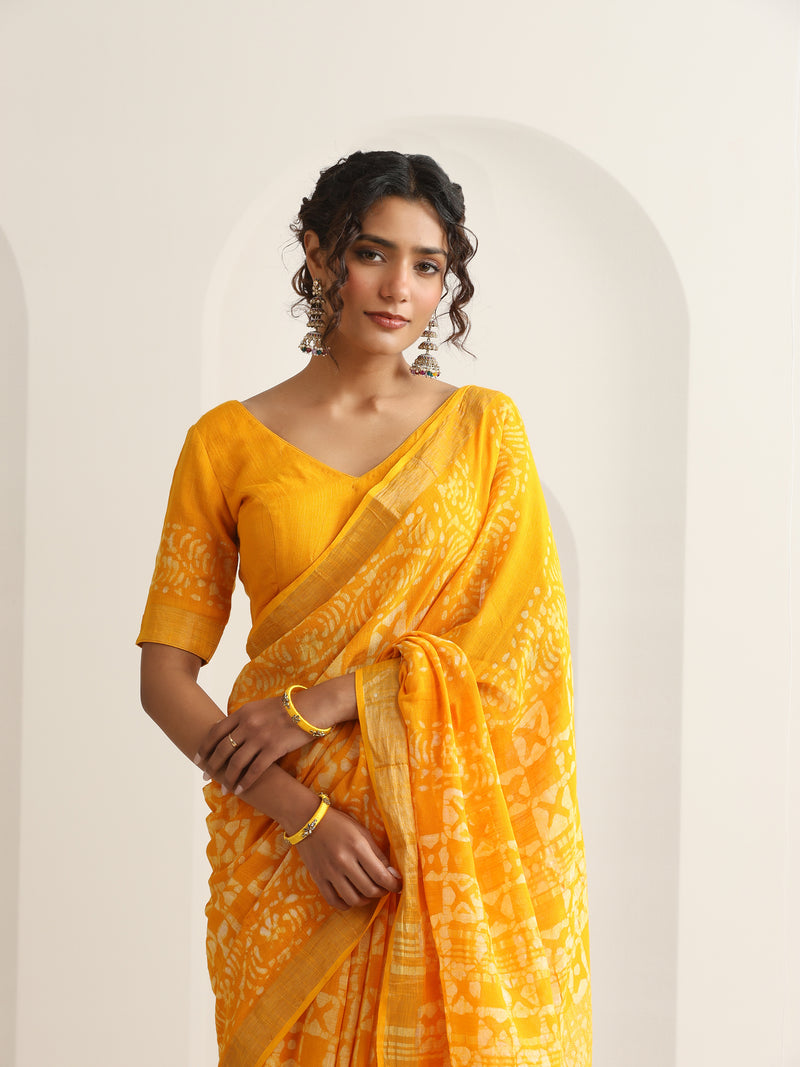 Women Hand Block Yellow Cotton Linen Printed Saree