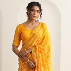 Women Hand Block Yellow Cotton Linen Printed Saree