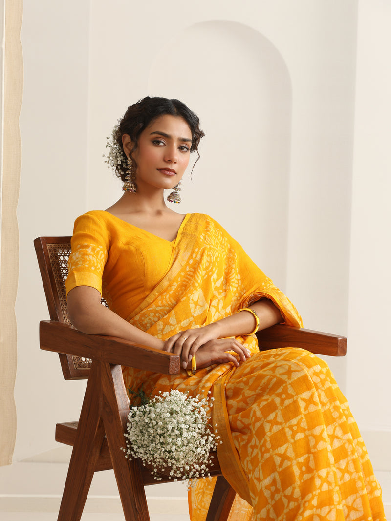 Women Hand Block Yellow Cotton Linen Printed Saree