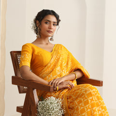 Women Hand Block Yellow Cotton Linen Printed Saree