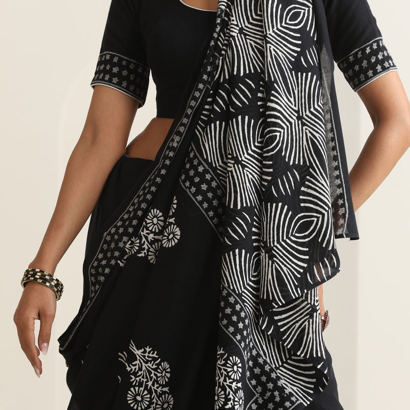 Women Hand Block Black Pure Cotton Printed Saree - Khushal K - Image 7