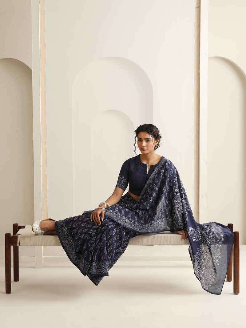 Women Hand Block Blue Pure Cotton Printed Saree