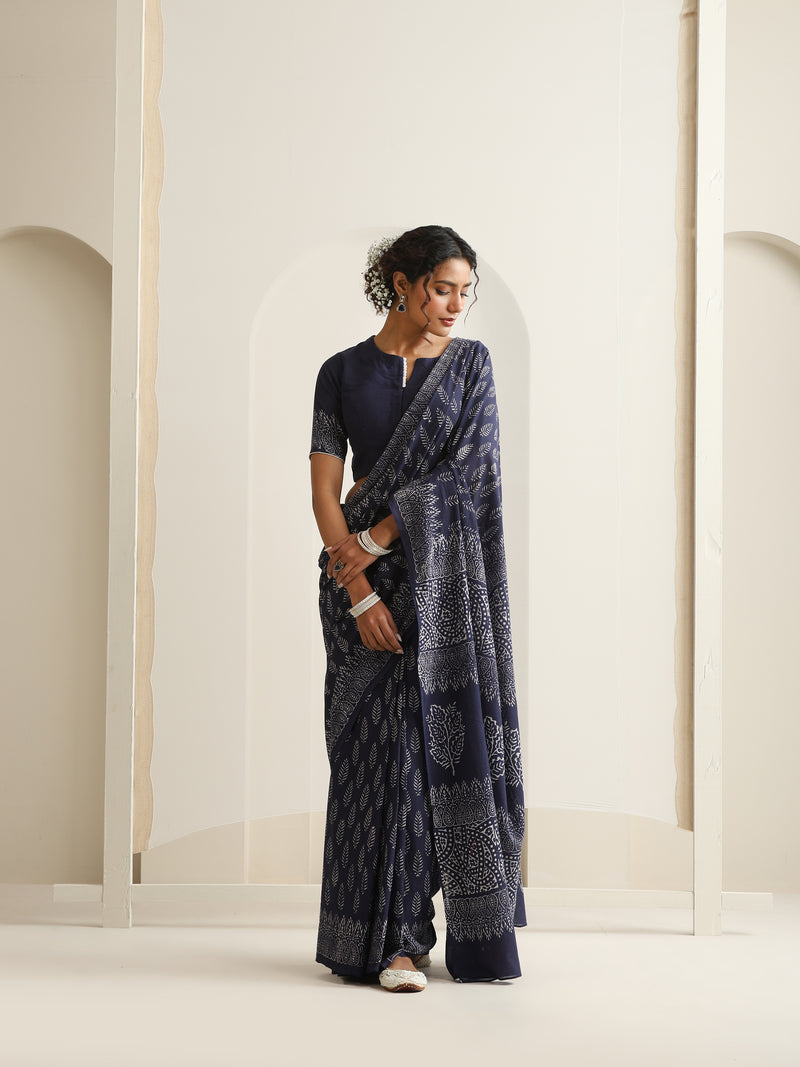 Women Hand Block Blue Pure Cotton Printed Saree