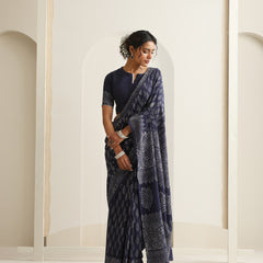 Women Hand Block Blue Pure Cotton Printed Saree
