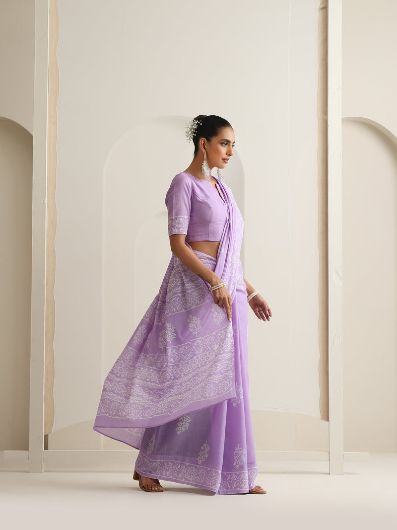 Women Hand Block Purple Pure Cotton Printed Saree