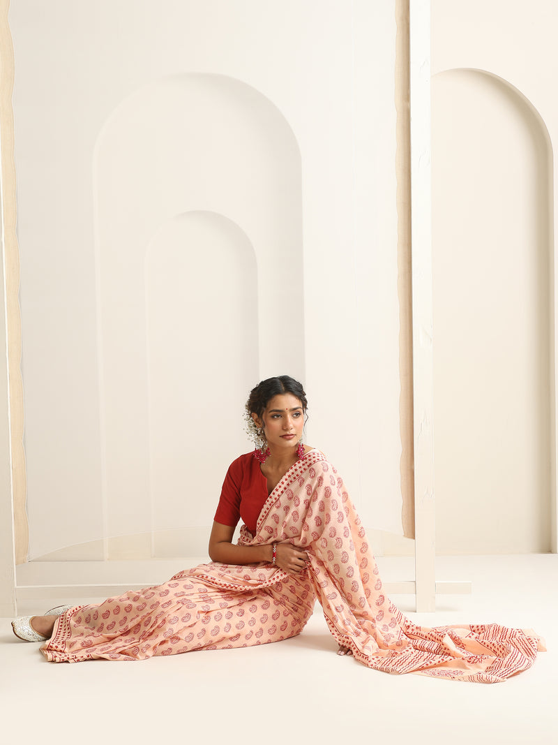 Women Hand Block Peach Pure Cotton Printed Saree