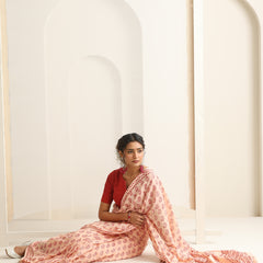 Women Hand Block Peach Pure Cotton Printed Saree