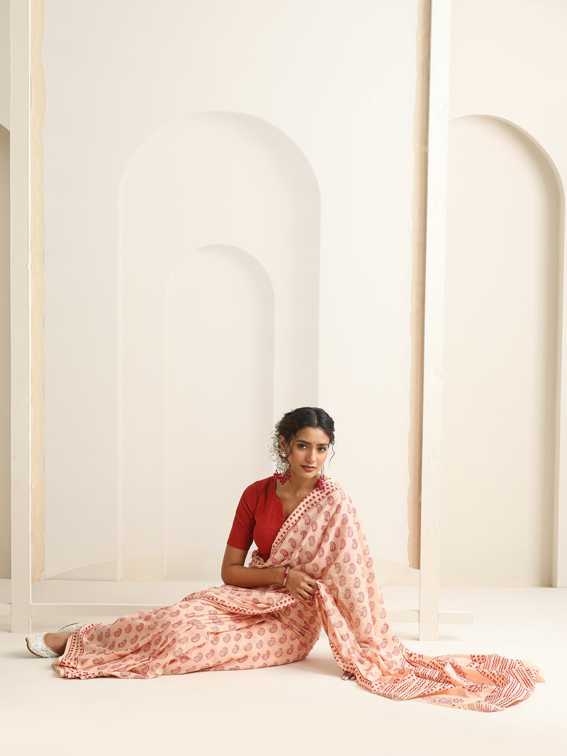 Women Hand Block Peach Pure Cotton Printed Saree