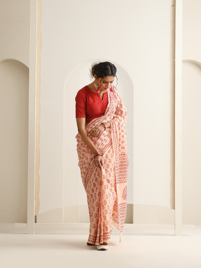 Women Hand Block Peach Pure Cotton Printed Saree
