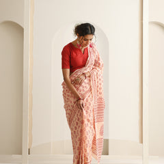 Women Hand Block Peach Pure Cotton Printed Saree
