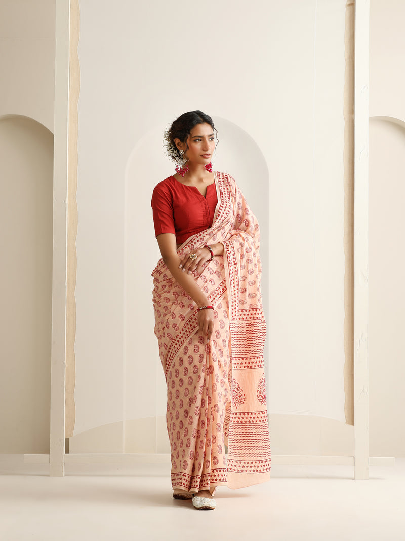 Women Hand Block Peach Pure Cotton Printed Saree