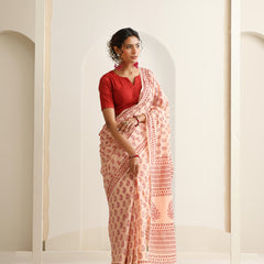 Women Hand Block Peach Pure Cotton Printed Saree