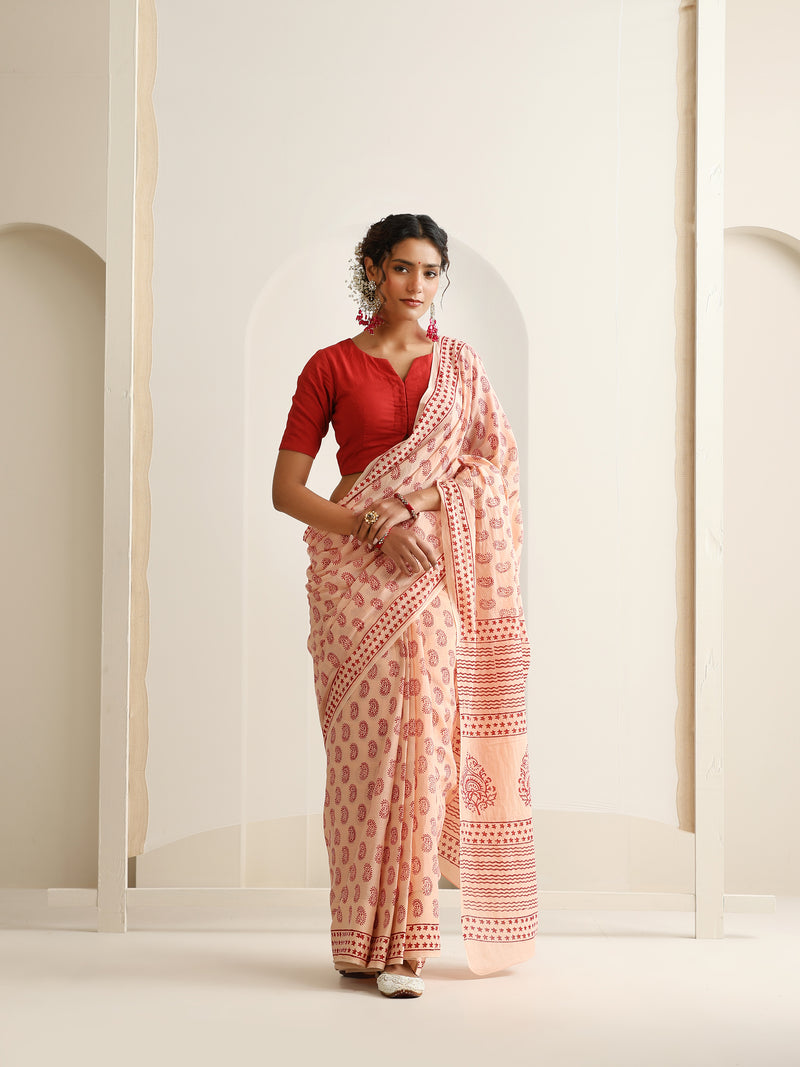 Women Hand Block Peach Pure Cotton Printed Saree