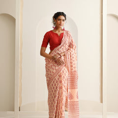Women Hand Block Peach Pure Cotton Printed Saree