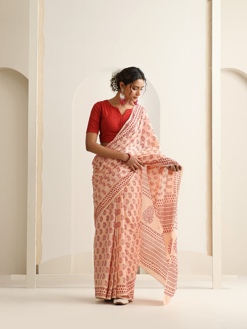 Women Hand Block Peach Pure Cotton Printed Saree