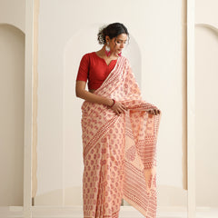 Women Hand Block Peach Pure Cotton Printed Saree