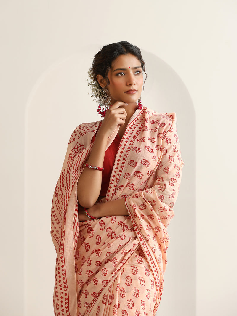 Women Hand Block Peach Pure Cotton Printed Saree