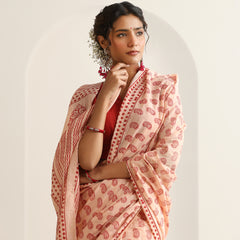 Women Hand Block Peach Pure Cotton Printed Saree