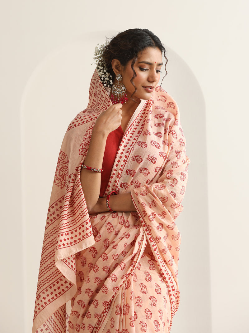Women Hand Block Peach Pure Cotton Printed Saree