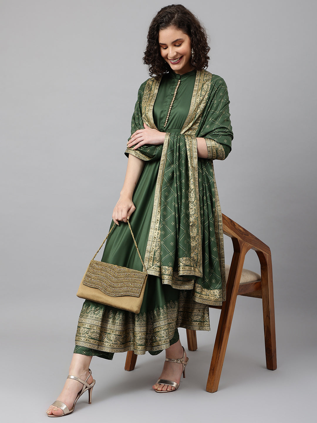 Green printed Kurta with Palazzos with dupatta