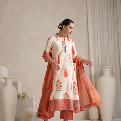Women elegant White Anarkali Kurta with Coral Prints, Palazzos & Dupatta