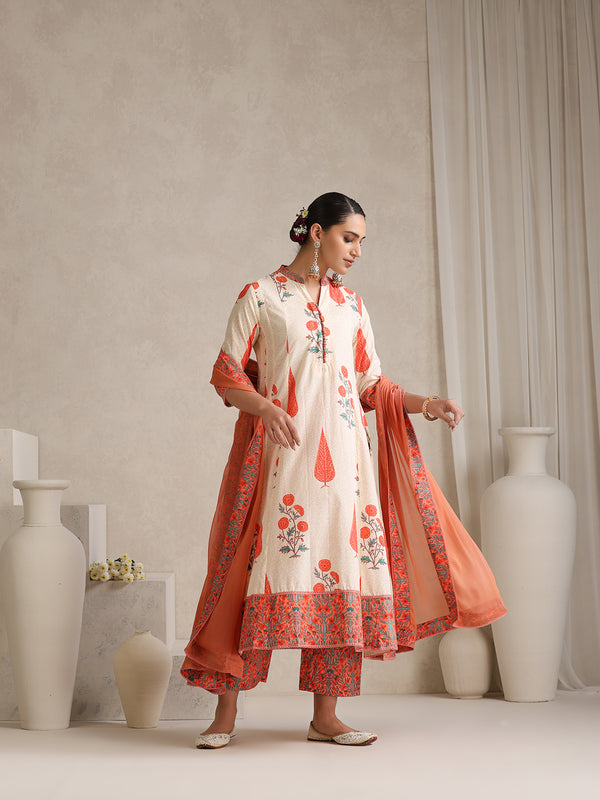 Women elegant White Anarkali Kurta with Coral Prints, Palazzos & Dupatta